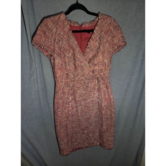 Banana Republic Dresses & Skirts - Banana Republic Pink Tweed Faux Wrap Fringe Sheath Dress V-Neck Womens Size 8